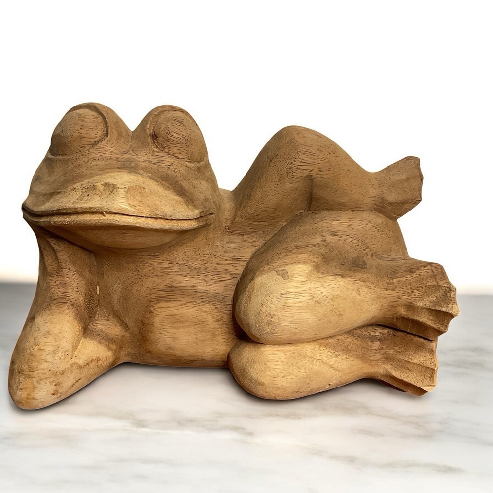 Hand Carved Wood Frog Statue Figurine Relaxing Lounge Toad Rustic Folk Art Decor